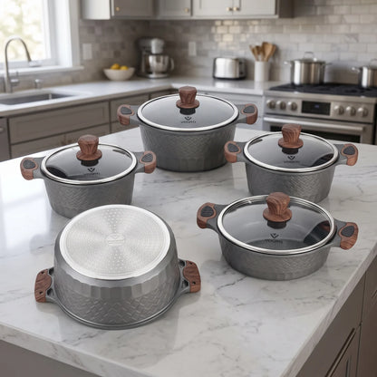VOGATI (Mega Series) 10 pcs Cookware Set in Grey – Casserole Pots 20/24/28/32cm, Shallow Casserole 28cm Kitchen Cooking Set