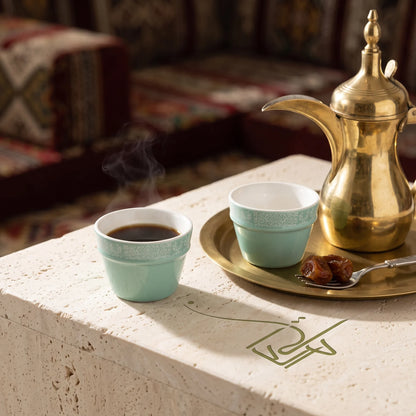 Dallah Addar Arabic Coffee Cups 12 Pieces Set – Handleless Mint Green Cups with White Ornamental Patterns