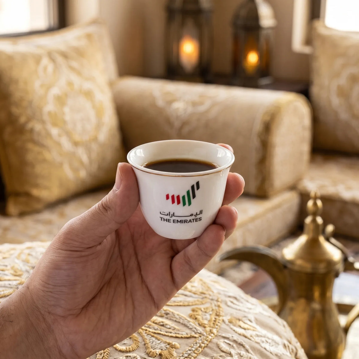 The Emirates 18-Piece Cups and Saucers Set – Arabic Coffee Cups, Glass Tea Cups and Ceramic Saucers with UAE-Themed Design