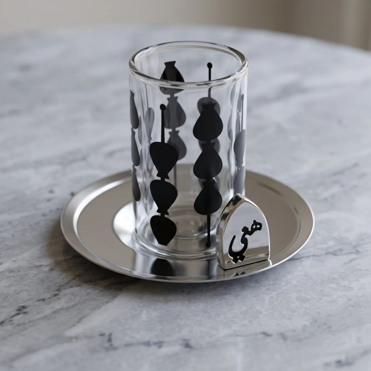 Fashion Home Elegant 18-Piece Tea and Coffee Set with Double-Wall Glass Cups, Metallic Saucers, Black Abstract Pattern and Arabic Ornaments