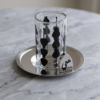 Fashion Home Elegant 18-Piece Tea and Coffee Set with Double-Wall Glass Cups, Metallic Saucers, Black Abstract Pattern and Arabic Ornaments