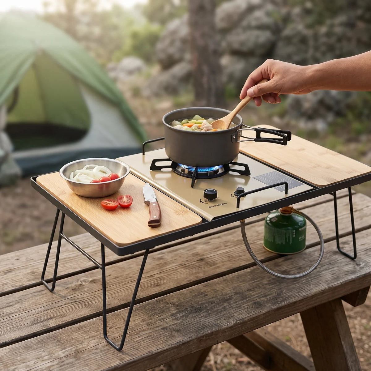 HORIZON 1 IGT STOVE + 1 IGT TABLE – Gas Cooktop Set with Multiple Burners, Black Grates, Control Knobs, Gas Connection and Wood-Grain Surface