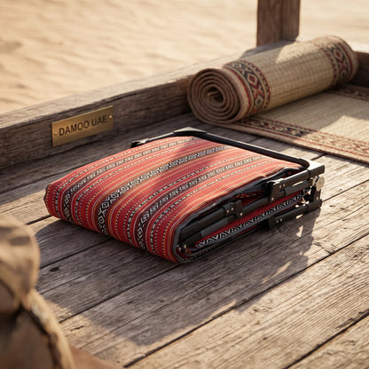 Foldable Outdoor Camping Bed – Red and Black Arabic Sadu Pattern Fabric, 190cm Length, Portable Folding Bed for Outdoor Use