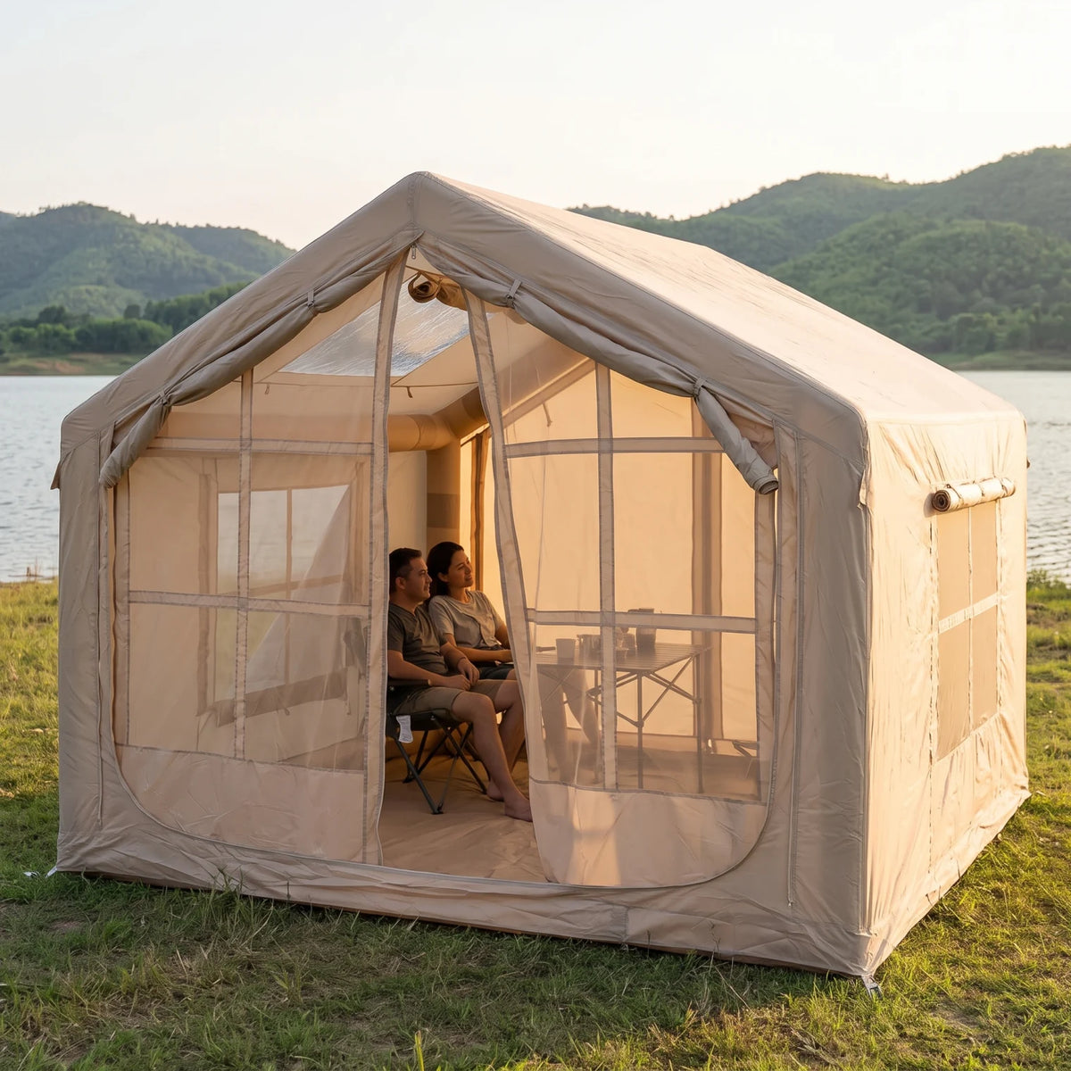 Large Beige Inflatable Camping Tent – 220 x 250 x 300 cm | Mesh Doors and Windows | Outdoor Shelter for Camping and Leisure