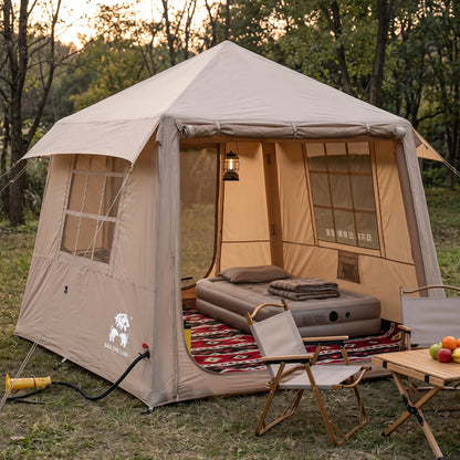 SAN ZHE LION Dark Beige Large Inflatable Tent – 195 x 220 x 220 cm | Mesh Windows, Door and Peaked Roof | Outdoor Camping Shelter