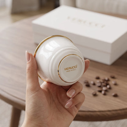 VERUCCI 12-Piece Coffee Cup Set 120 ML – White Glossy Cups with Gold-Colored Trim in Presentation Box