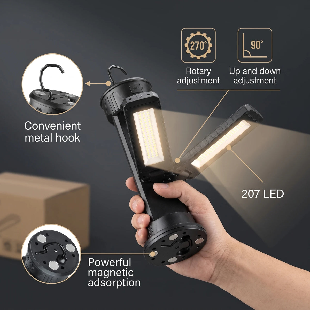 Collapsible Super Bright Work light - D78 | Black LED Work Light with Adjustable 270°/90° Head and Long Pole for Flexible Positioning