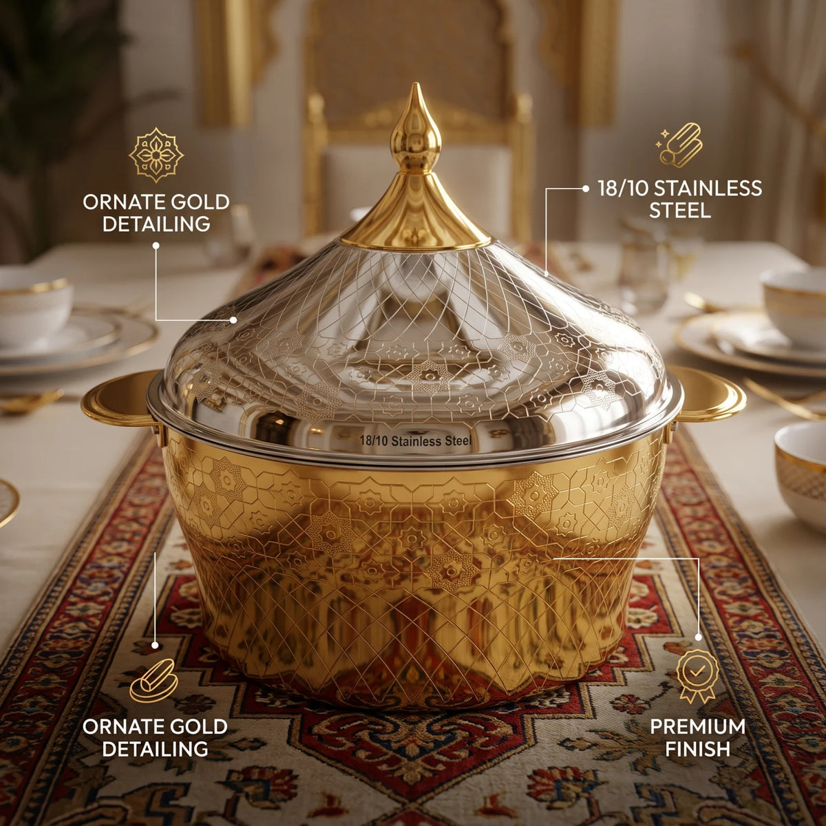 BOHARA 3.5 liters 18/10 Stainless Steel Hot Pot – Lidded Food Serving Vessel with Side Handles for Tabletop Serving