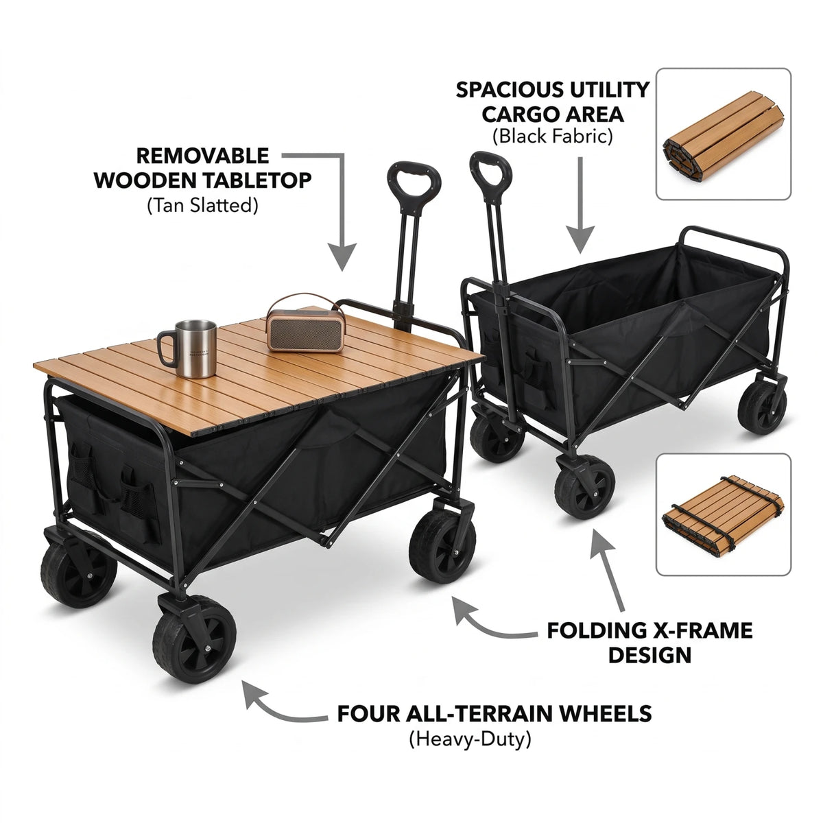 Collapsible Heavy-Duty Outdoor Utility Wagon – 93 x 60 x 95cm | Removable Wooden Tabletop, Four Wheels and Folding Frame for Camping