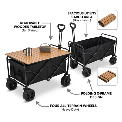 Collapsible Heavy-Duty Outdoor Utility Wagon – 93 x 60 x 95cm | Removable Wooden Tabletop, Four Wheels and Folding Frame for Camping