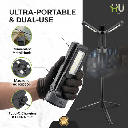 HU Tour Super Bright Work Light – Folding LED Tower Light with Adjustable Panels, 270°/90° Rotation and Telescoping Pole