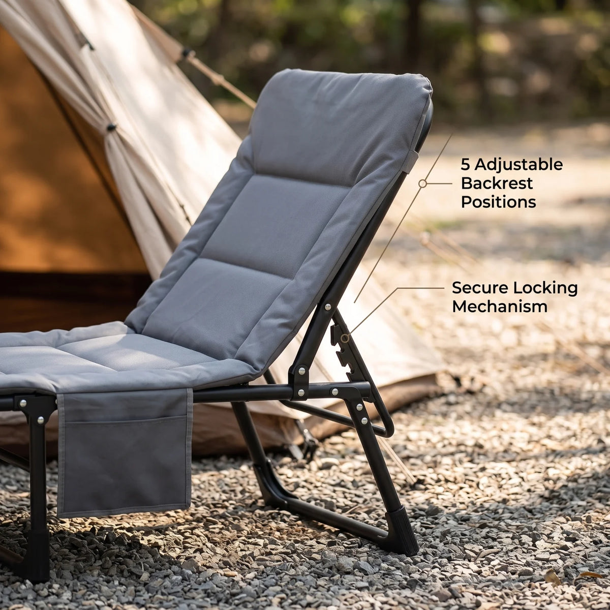 Jiham Foldable outdoor camping Bed – Grey 190cm Folding Cot | Adjustable Reclining Backrest, Metal Frame, Linen-weave or Plain Fabric - Plain - Image 5