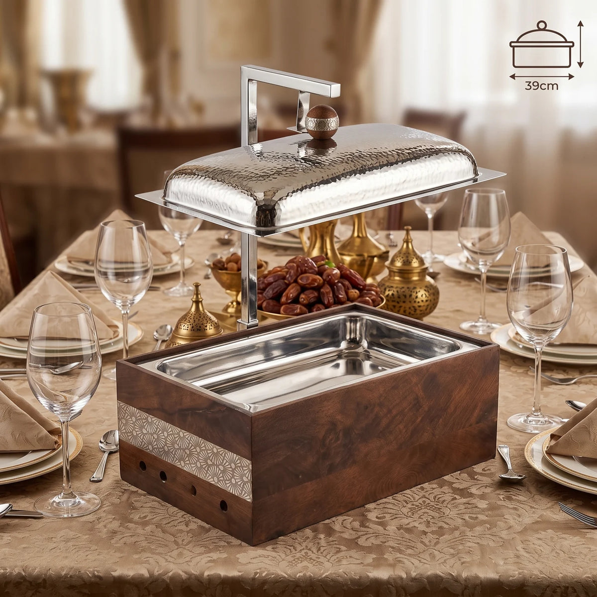 Dallah Addar Luxury Rectangular Wooden and Steel Chafing Dish – 48 x 24 x 39cm | Decorative Serving Piece with Ornamental Detail