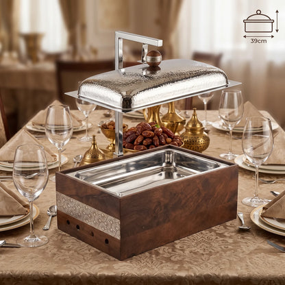 Dallah Addar Luxury Rectangular Wooden and Steel Chafing Dish – 48 x 24 x 39cm | Decorative Serving Piece with Ornamental Detail