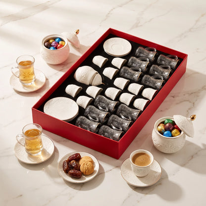 Rose tea & gahwa complete set – Glass Tea Cups, Porcelain Arabic Coffee Cups, Saucers, Lidded Candy Jar & Presentation Box