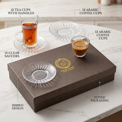 Golden Home 36-Piece Glass Cups and Saucers Set – 12 Tea Cups, 12 Arabic Coffee Cups, 12 Saucers | Clear Ribbed Design for Serving