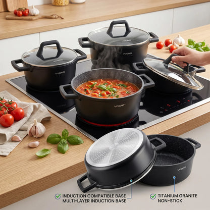 VOGATI FLORENCE SERIES 8PCS Titanium Granite Coating Non-Stick Induction Cookware Set, Black | 20/24/28cm Casseroles and 28cm Shallow Casserole