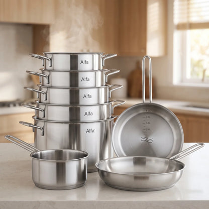 Alfa 15 Pieces Premium Stainless Steel Cookware Set – Induction Base, Silver Pots and Pans with 2.0–12L Capacities