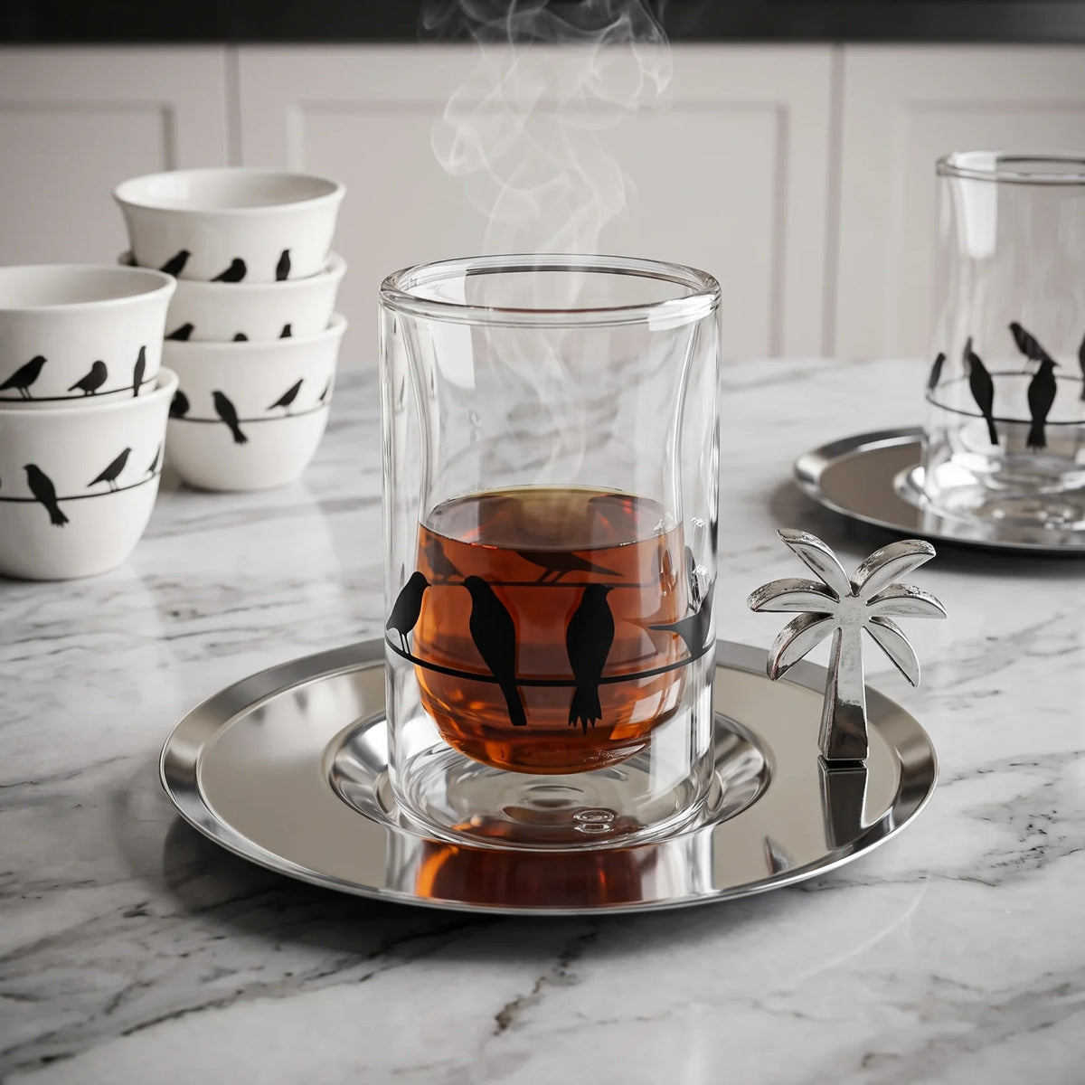 Fashion Home Elegant 18-Piece Tea & Coffee Set with Double-Wall Glass Cups, Metallic Saucers, Bird Pattern Cups & Palm Tree Ornaments