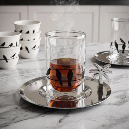 Fashion Home Elegant 18-Piece Tea & Coffee Set with Double-Wall Glass Cups, Metallic Saucers, Bird Pattern Cups & Palm Tree Ornaments