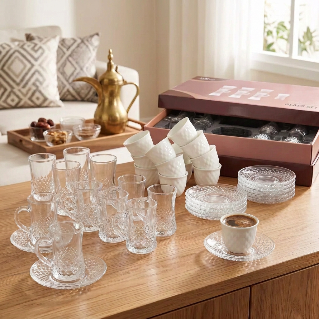36-Piece Cups and Saucers Set – 12 Clear Glass Tea Cups, 12 Fine Porcelain Arabic Coffee Cups & 12 Textured Glass Saucers