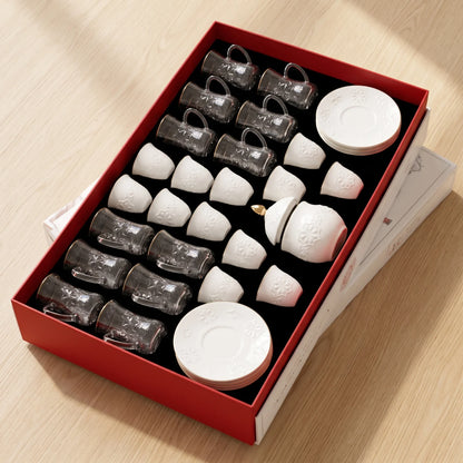 Rose tea & gahwa complete set – Glass Tea Cups, Porcelain Arabic Coffee Cups, Saucers, Lidded Candy Jar & Presentation Box