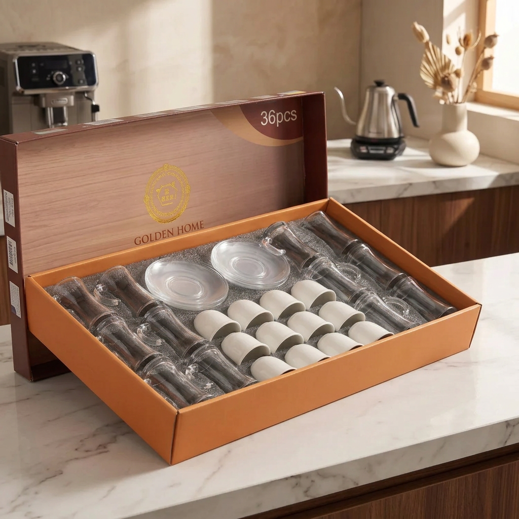 36-Piece Cups and Saucers Set – 12 Glass Cups, 12 Fine Porcelain Coffee Cups & 12 Glass Saucers for Tea and Coffee