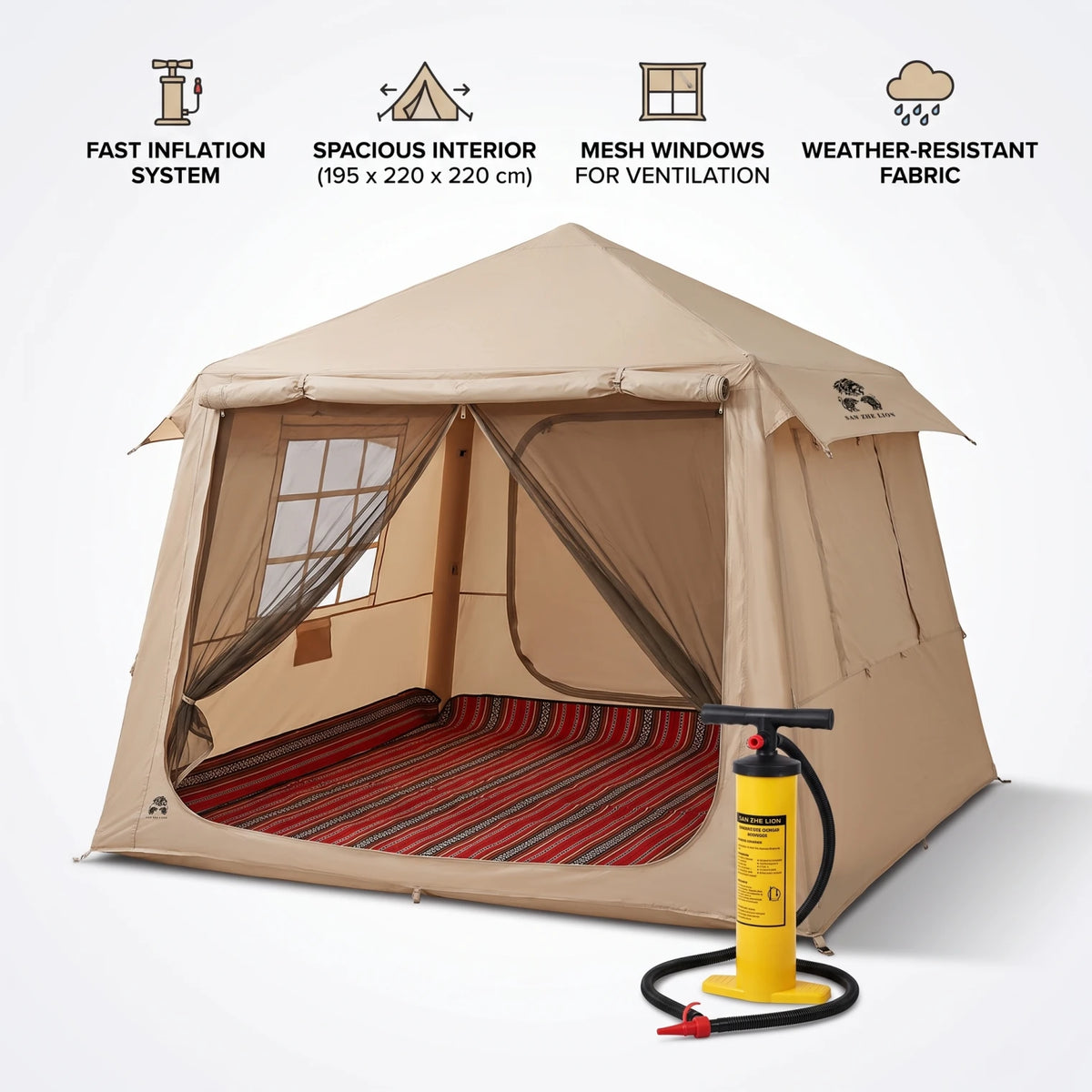 SAN ZHE LION Dark Beige Large Inflatable Tent – 195 x 220 x 220 cm | Mesh Windows, Door and Peaked Roof | Outdoor Camping Shelter