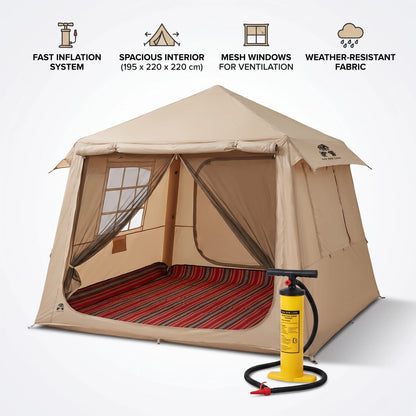 SAN ZHE LION Dark Beige Large Inflatable Tent – 195 x 220 x 220 cm | Mesh Windows, Door and Peaked Roof | Outdoor Camping Shelter