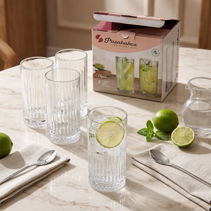 Pasabahce Elysia High Quality 4-Piece Glass Set, 435 CC Clear Tumblers | Ribbed Fluted Sides & Faceted Bases for Everyday Drinks and Table Serving
