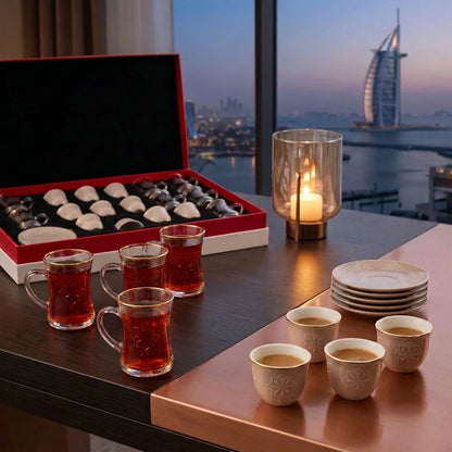 Rose 38 Pieces tea & gahwa complete set – 12 Glass Tea Cups, 12 Arabic Coffee Cups, 12 Saucers & Lidded Candy Jar Gift Box