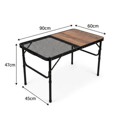Omega 1 korea Lightweight Foldabe Camping Outdoor Table – Wood-Texture Section, Mesh Shelf, Folding Frame and Leg Extensions