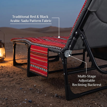 Foldable Outdoor Camping Bed – Red and Black Arabic Sadu Pattern Fabric, 190cm Length, Portable Folding Bed for Outdoor Use