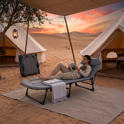 Foldable outdoor camping Bed grey – 190 cm Portable Folding Cot with Padded Surface, Raised Head Section and Black Frame
