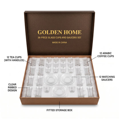 Golden Home 36-Piece Glass Cups and Saucers Set – 12 Tea Cups, 12 Arabic Coffee Cups, 12 Saucers | Clear Ribbed Design for Serving