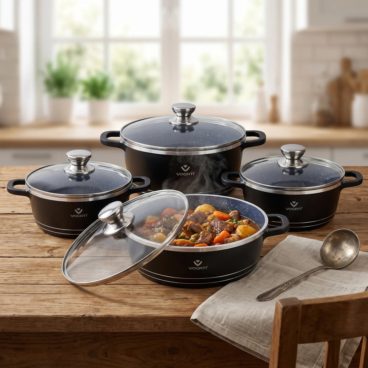 VOGATI 8Pcs Black Titanium Granite Cookware Set with Lids | Nesting Pots with Handles for Everyday Cooking