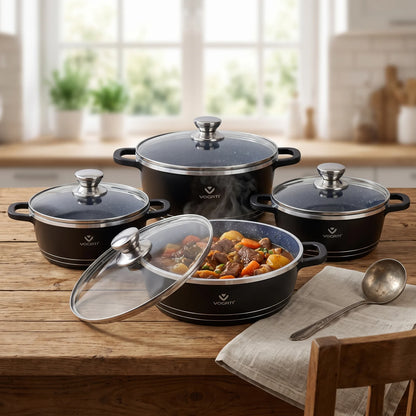 VOGATI 8Pcs Black Titanium Granite Cookware Set with Lids | Nesting Pots with Handles for Everyday Cooking