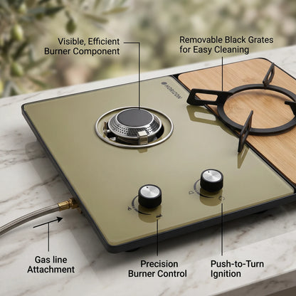 HORIZON 1 IGT STOVE + 1 IGT TABLE – Gas Cooktop Set with Multiple Burners, Black Grates, Control Knobs, Gas Connection and Wood-Grain Surface