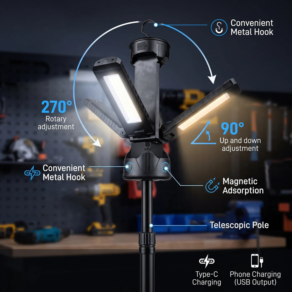 Collapsible Super Bright Work light - D78 | Black LED Work Light with Adjustable 270°/90° Head and Long Pole for Flexible Positioning