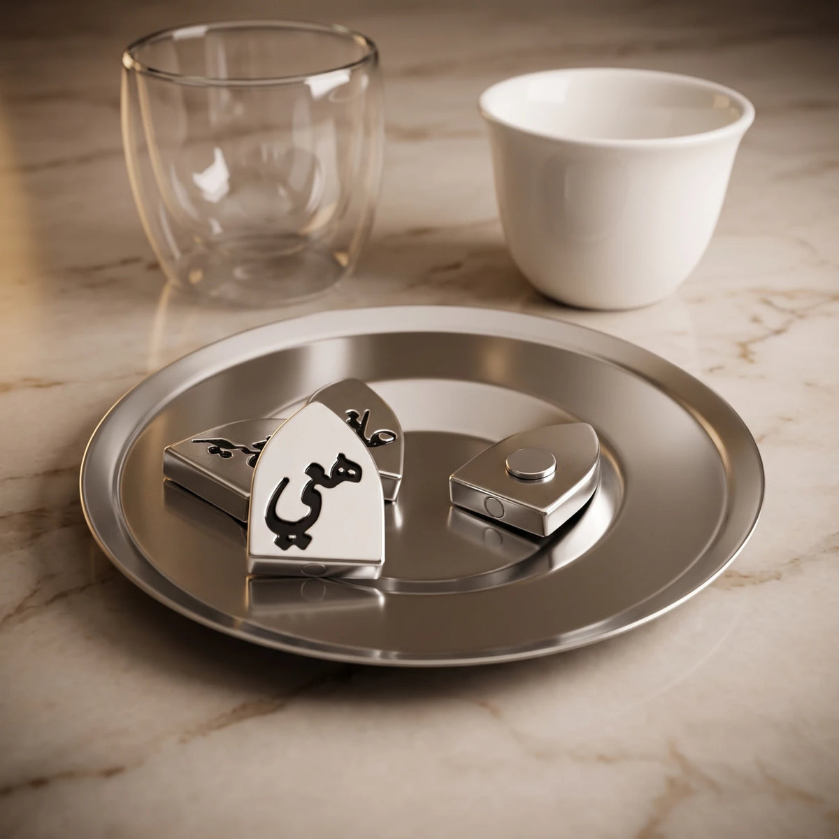 Fashion Home Elegant 18-Piece Tea and Coffee Set with Double-Wall Glass Cups, Metallic Saucers, Black Abstract Pattern and Arabic Ornaments