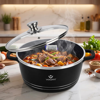 VOGATI 8Pcs Black Titanium Granite Cookware Set with Lids | Nesting Pots with Handles for Everyday Cooking