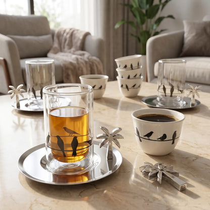 Fashion Home Elegant 18-Piece Tea & Coffee Set with Double-Wall Glass Cups, Metallic Saucers, Bird Pattern Cups & Palm Tree Ornaments