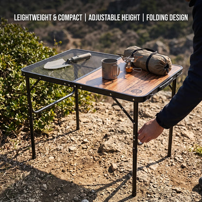 Omega 1 korea Lightweight Foldabe Camping Outdoor Table – Wood-Texture Section, Mesh Shelf, Folding Frame and Leg Extensions