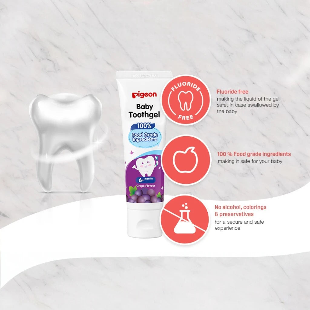 Pigeon Baby Tooth Gel 45g – Grape Flavor | 1000ppm Fluoride, Paraben-Free, Low Foaming, Safe to Swallow, Food Grade Ingredients - Damoo