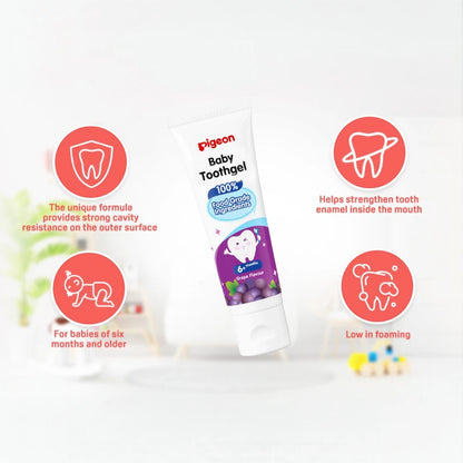 Pigeon Baby Tooth Gel 45g – Grape Flavor | 1000ppm Fluoride, Paraben-Free, Low Foaming, Safe to Swallow, Food Grade Ingredients - Damoo