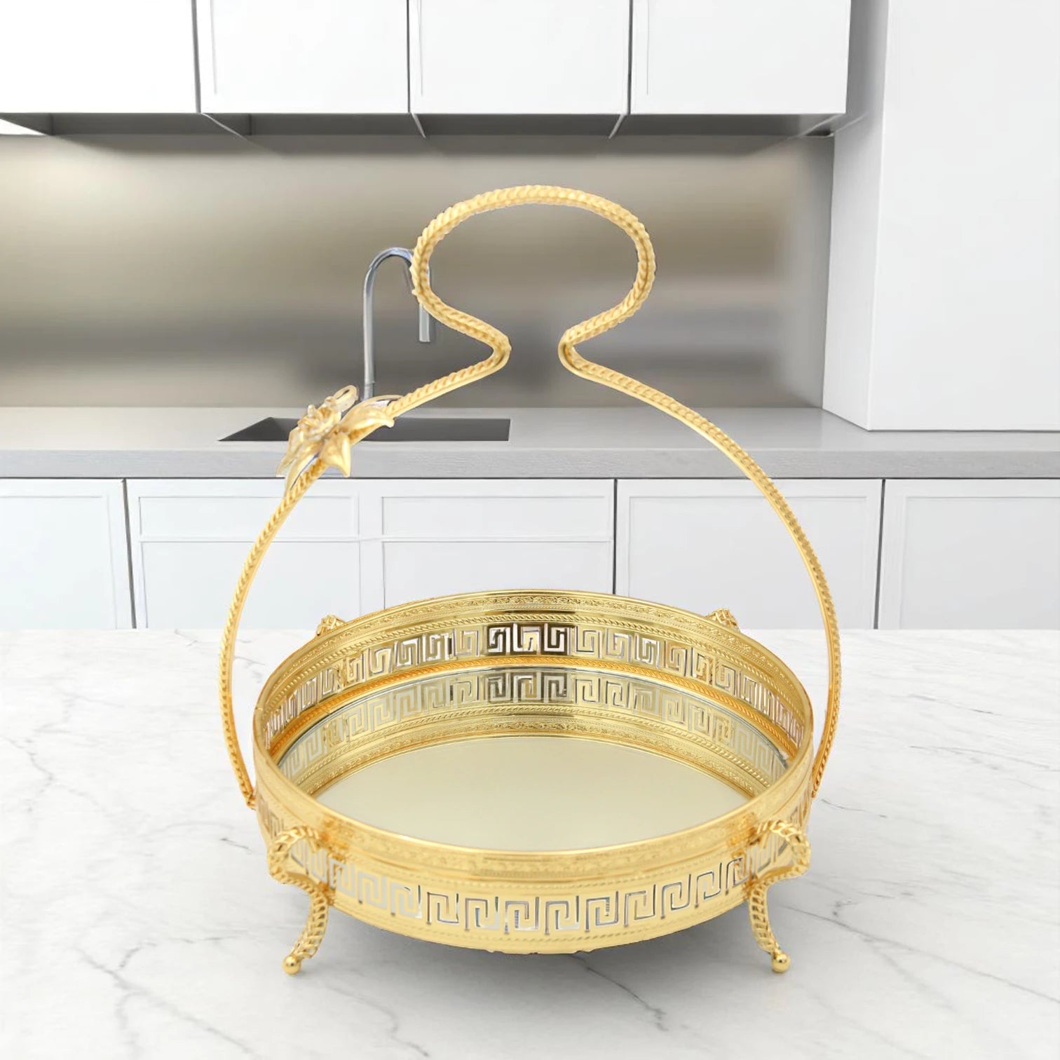 Pilcso Luxury Gold-Plated Round Mirror Tray with Handle and Crystal Flower – Elegant Greek Key Decorative Display Tray for Vanity, Perfume, Sweets & Home Décor – Perfect Gift Idea – by Damoo - Damoo