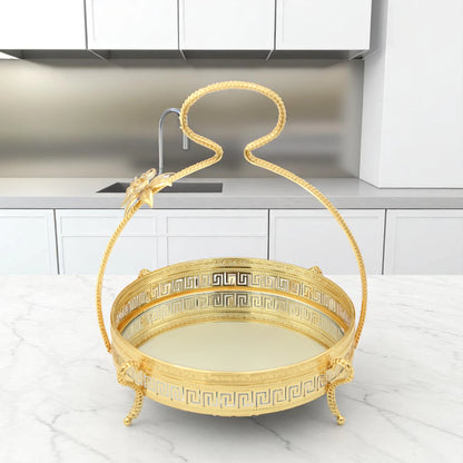 Pilcso Luxury Gold-Plated Round Mirror Tray with Handle and Crystal Flower – Elegant Greek Key Decorative Display Tray for Vanity, Perfume, Sweets & Home Décor – Perfect Gift Idea – by Damoo - Damoo