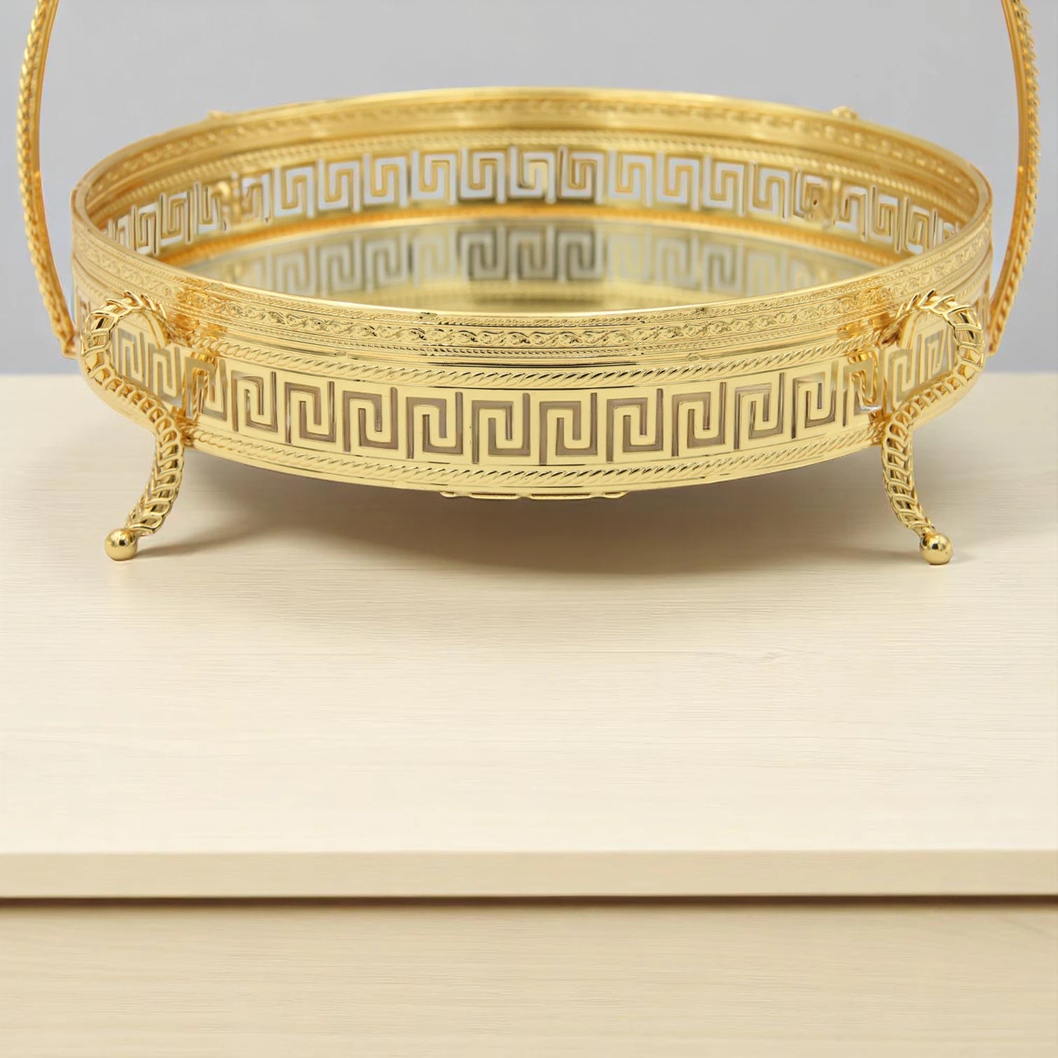 Pilcso Luxury Gold-Plated Round Mirror Tray with Handle and Crystal Flower – Elegant Greek Key Decorative Display Tray for Vanity, Perfume, Sweets & Home Décor – Perfect Gift Idea – by Damoo - Damoo