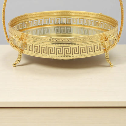 Pilcso Luxury Gold-Plated Round Mirror Tray with Handle and Crystal Flower – Elegant Greek Key Decorative Display Tray for Vanity, Perfume, Sweets & Home Décor – Perfect Gift Idea – by Damoo - Damoo