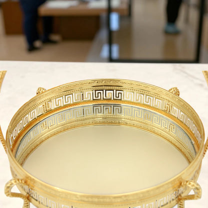 Pilcso Luxury Gold-Plated Round Mirror Tray with Handle and Crystal Flower – Elegant Greek Key Decorative Display Tray for Vanity, Perfume, Sweets & Home Décor – Perfect Gift Idea – by Damoo - Damoo